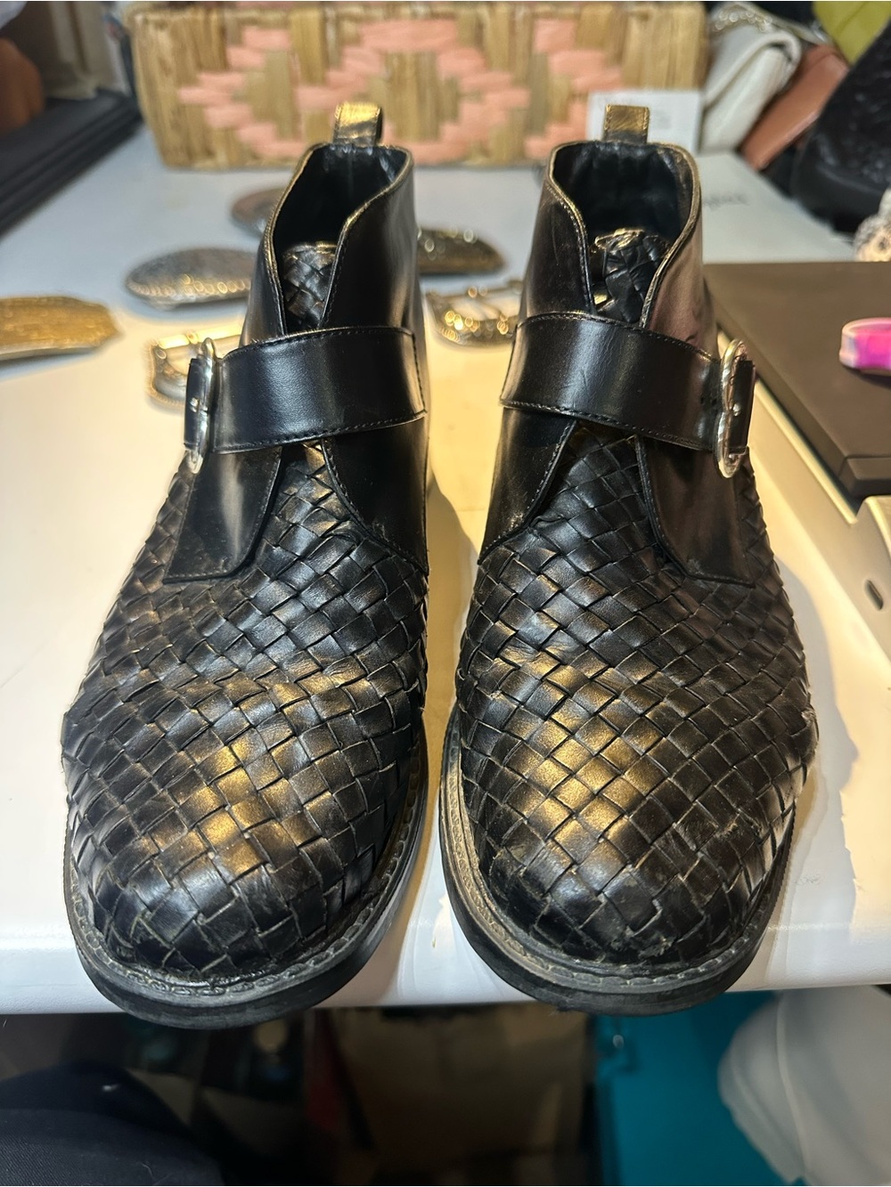 Brighton Black Woven Leather Ankle Booties with Buckle Strap
